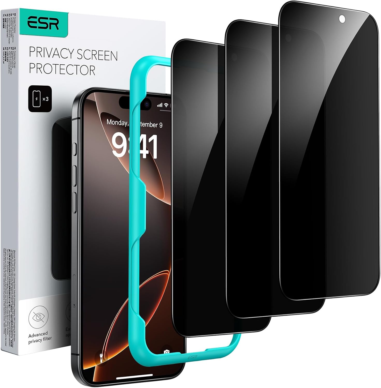 Detalle de ESR 3 Pack Privacy Screen Protector for iPhone 16 Pro Max: Anti-Spy Tempered Glass with Easy Install