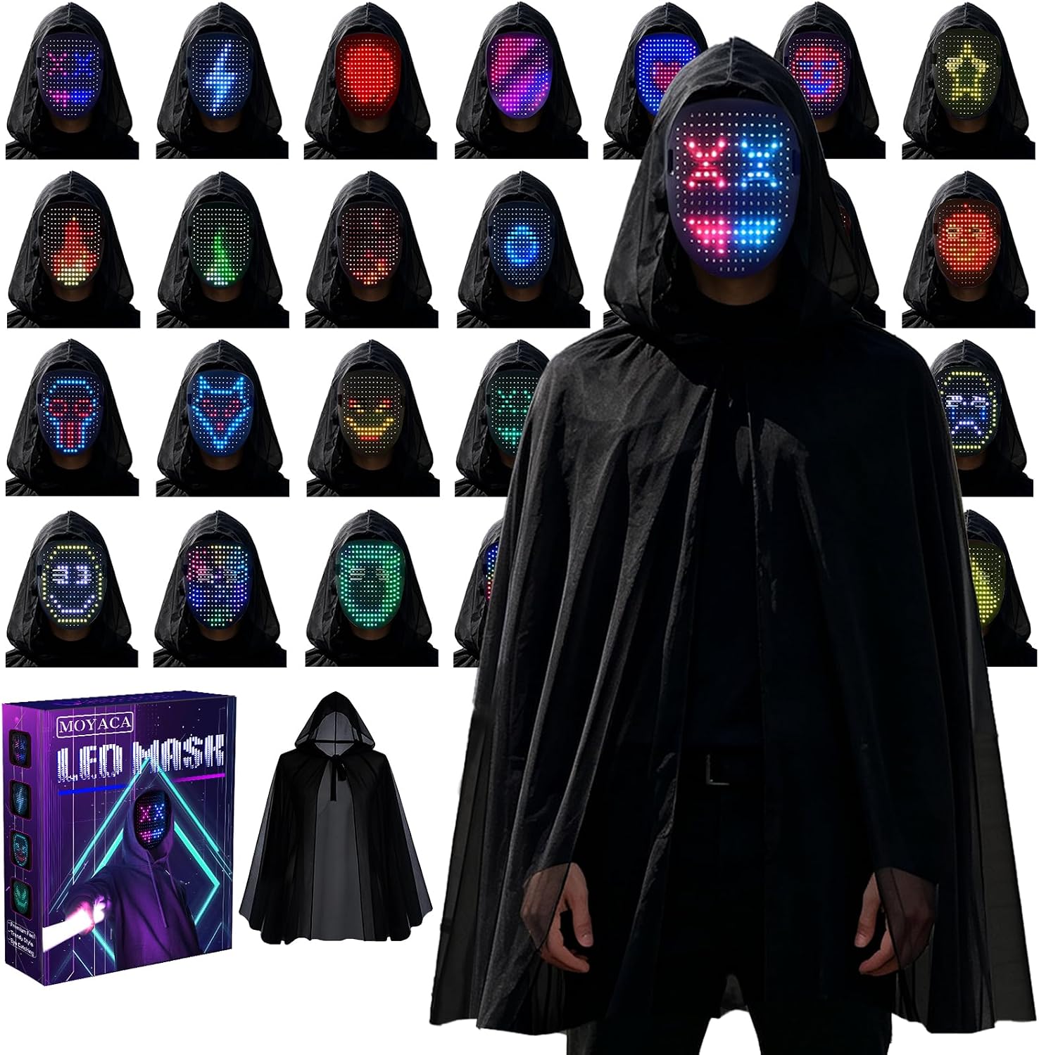 Detalle de MOYACA LED Mask and Hooded Black Cloak Set with 50 Patterns