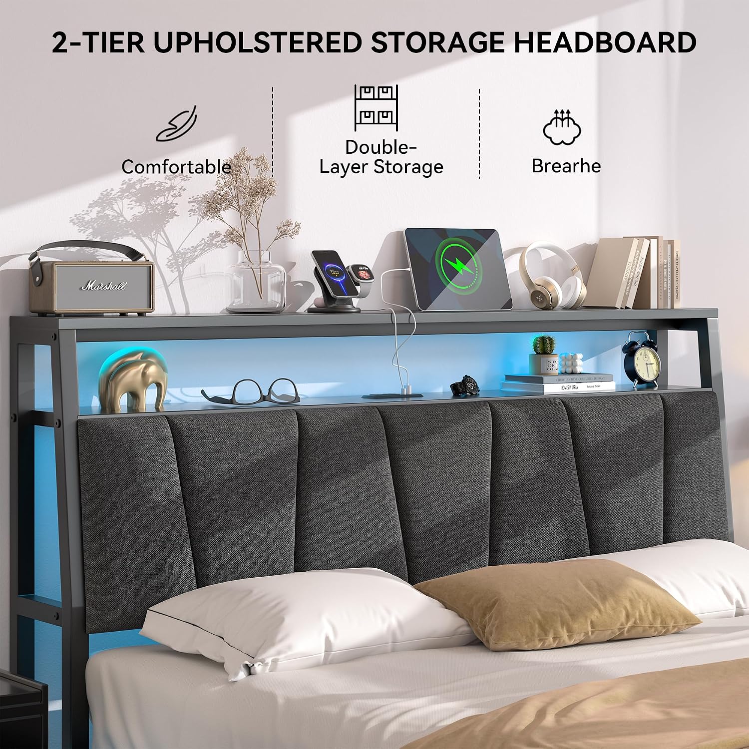 Detalle de FreeHouse FRH--096CJ-GQ Queen Platform Bed Frame with Storage and LED Lights