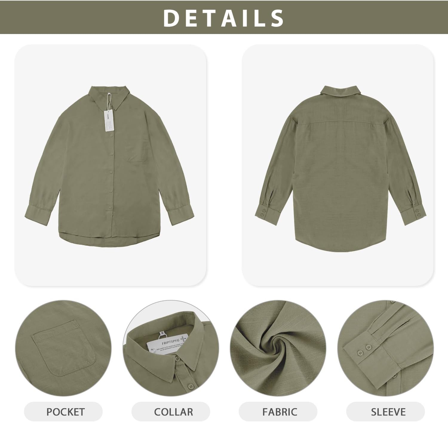 Detalle de Friptspyg Damen Bluse – Langarm, V-Ausschnitt, 100% Baumwolle, locker geschnitten mit Tasche