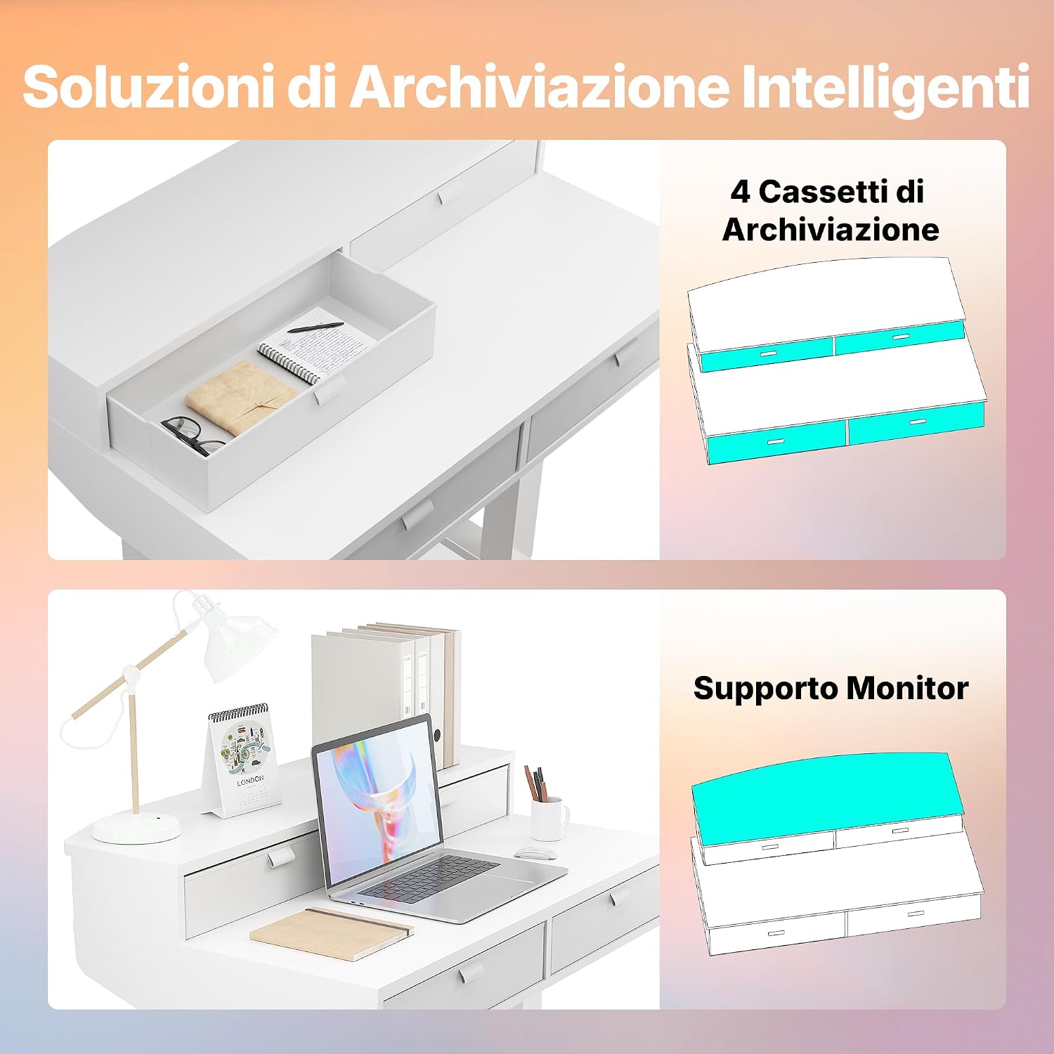 Detalle de HUANUO Scrivania Piccola 80 x 53 cm con Cassetti: altezza regolabile e supporto a morsetto a C