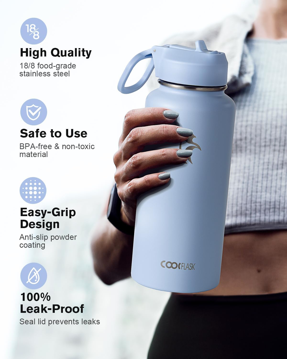Detalle de Coolflask 32 oz Insulated Water Bottle with Straw — 3 Lids, Wide Mouth, Stainless Steel, Non-BPA, Light Blue
