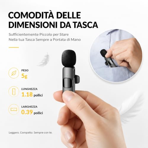 Detalle 2 de Qhot Microfono Wireless 2 Pezzi per iPhone e Android – Lavalier Plug & Play con USB-C e Lightning