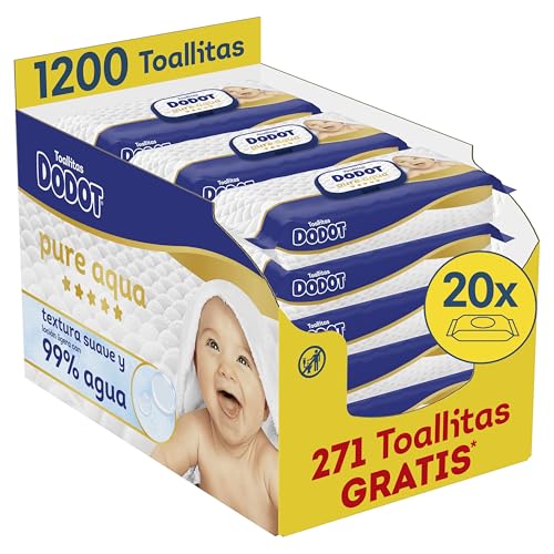 Detalle de Dodot Pure Aqua: Toallitas para bebé con textura suave y loción al 99% de agua (1200 unidades en 20 paquetes)