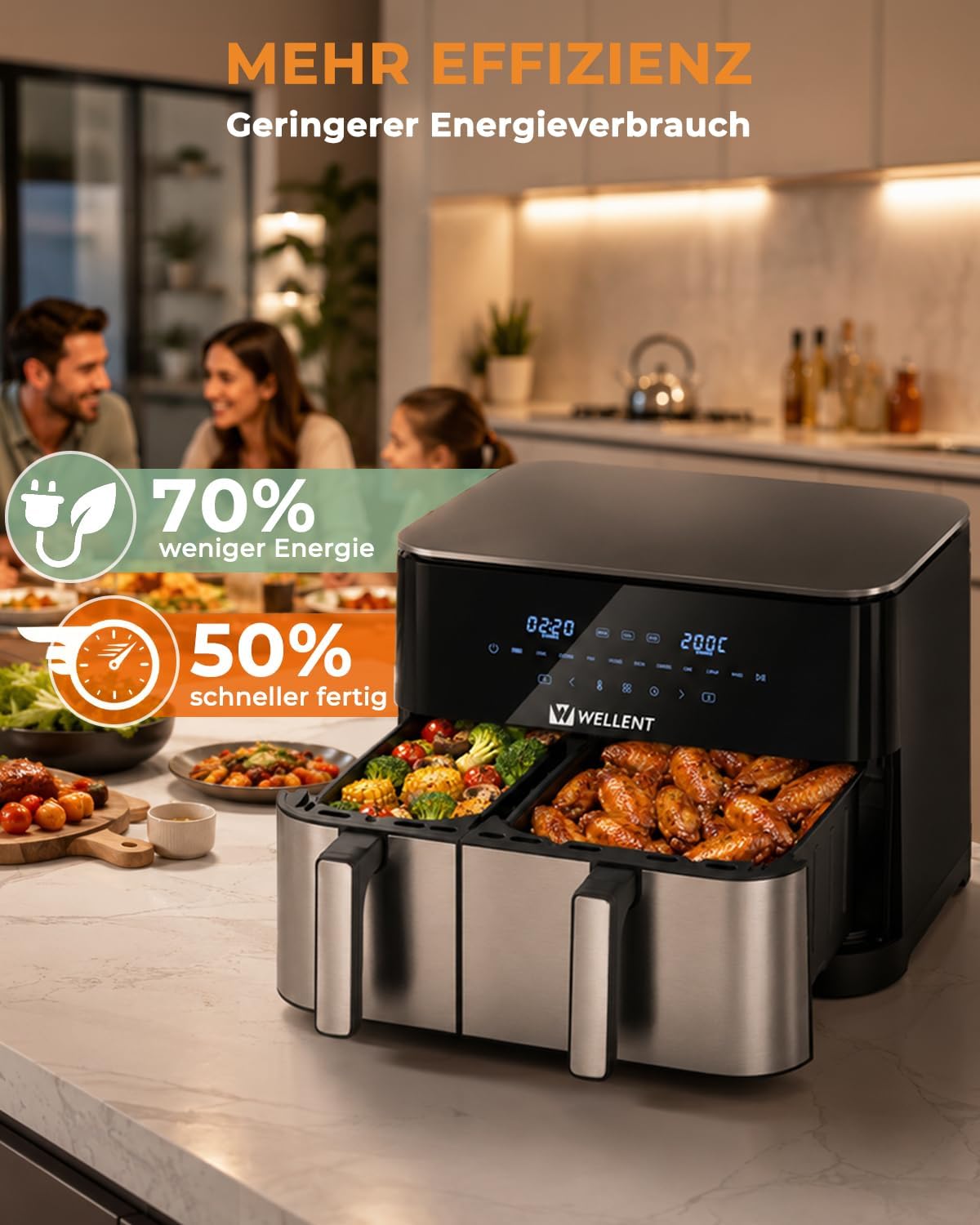 Thumbnail 6 de WELLENT XXL 11 L Airfryer mit 2 Kammern – 2600 W, Dual Zone, Sync & Match Funktion