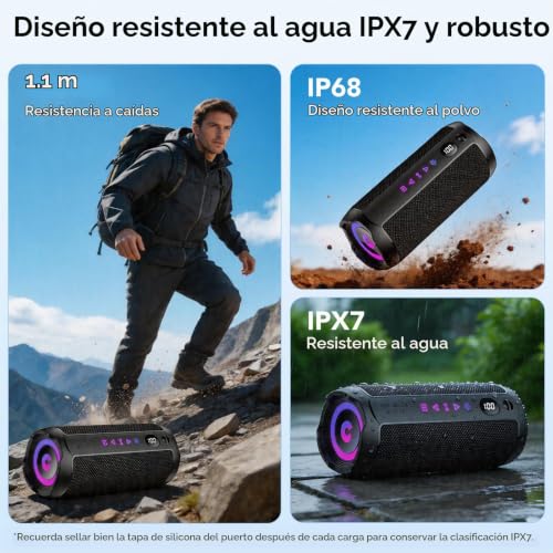 Detalle de Altavoz Bluetooth Portátil 25W de coioc: sonido estéreo 360°, IPX7 y luz RGB para exterior