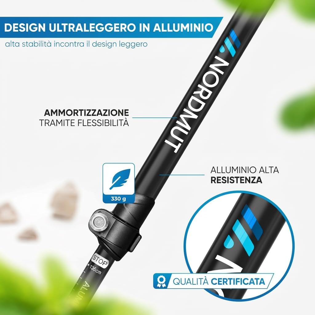 Detalle 2 de NORDMUT Bastoni da trekking telescopici in carbonio e alluminio – regolabili 65–135 cm, manico in sughero con gommini inclusi