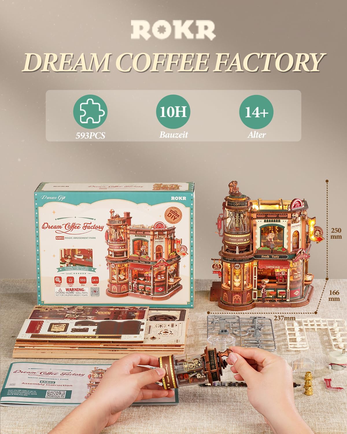 Detalle 2 de ROKR 3D Holzpuzzle Erwachsene Dream Coffee Factory – Handwerkliches Diorama zum Selberbauen
