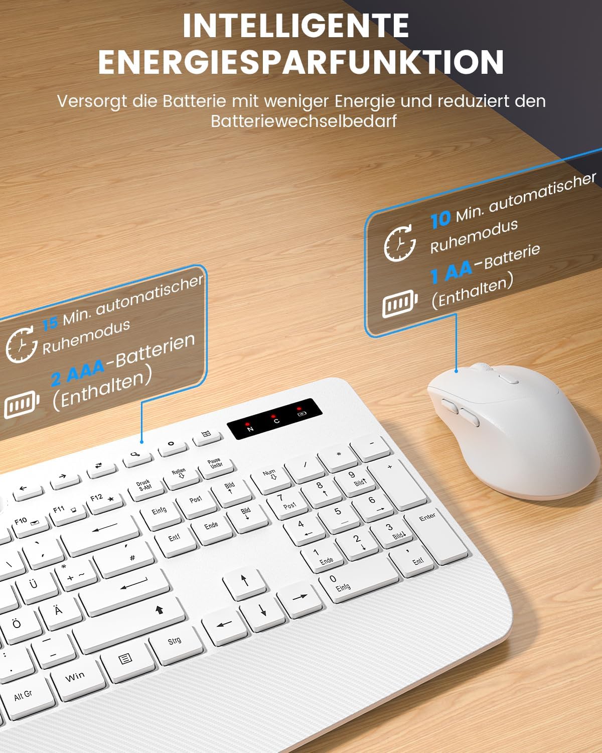 Thumbnail 3 de SABLUTE Tastatur-Maus-Set kabellos 2,4G inkl. Handballenauflage & Telefonhalter (Windows, Weiß)
