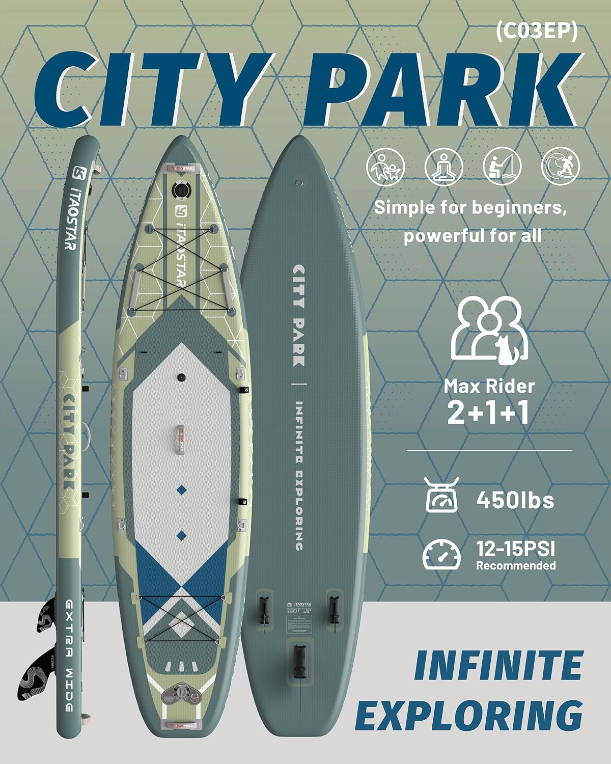 Detalle de iTAOSTAR City Park 12' x 35" Extra Wide Paddle Board with Seat — All-in-One Premium SUP Kit