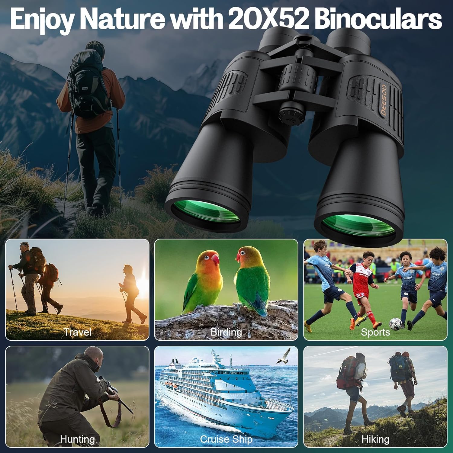 Thumbnail 5 de Jumelles pour adultes haute puissance 20 x 52 HD – grande vue, faible lumière, observations (oiseaux, chasse, étoiles, voyage)