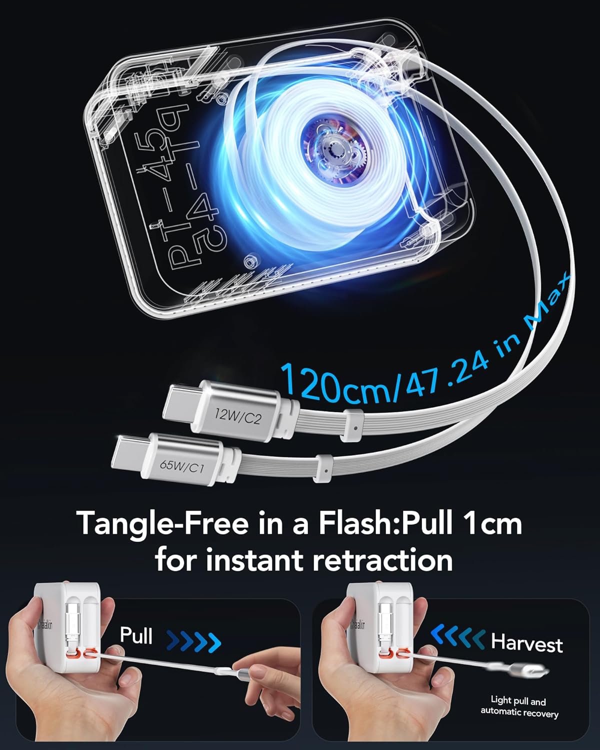 Thumbnail 2 de 65W for MacBook Pro Charger: 5-in-1 Retractable USB-C Wall Charger with Dual USB-C Ports, Lightning Cable, and 3 Extra Ports