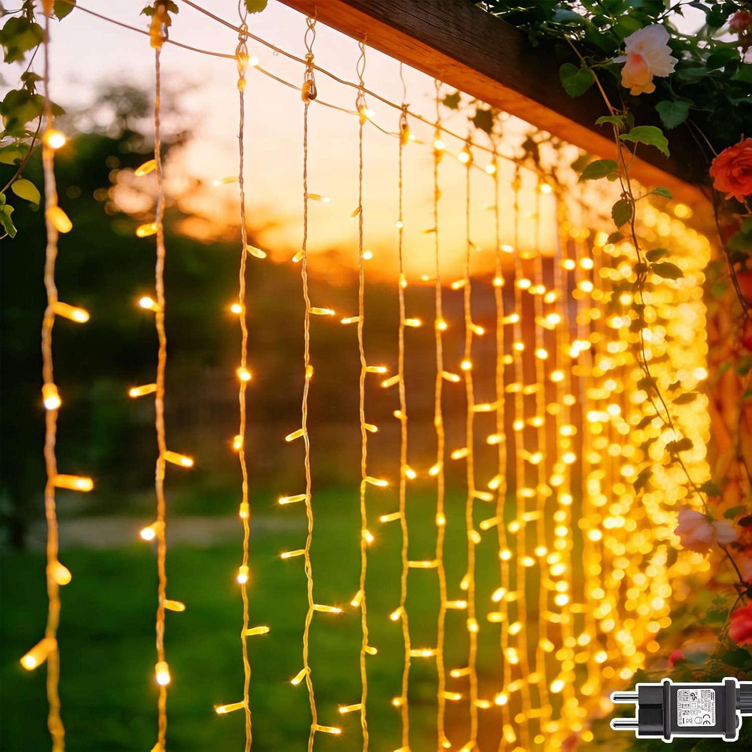 Detalle de Dekofun 2 pezzi tenda luminosa 6x3 m con 600 LED bianco caldo, timer e 8 modalità, IP65