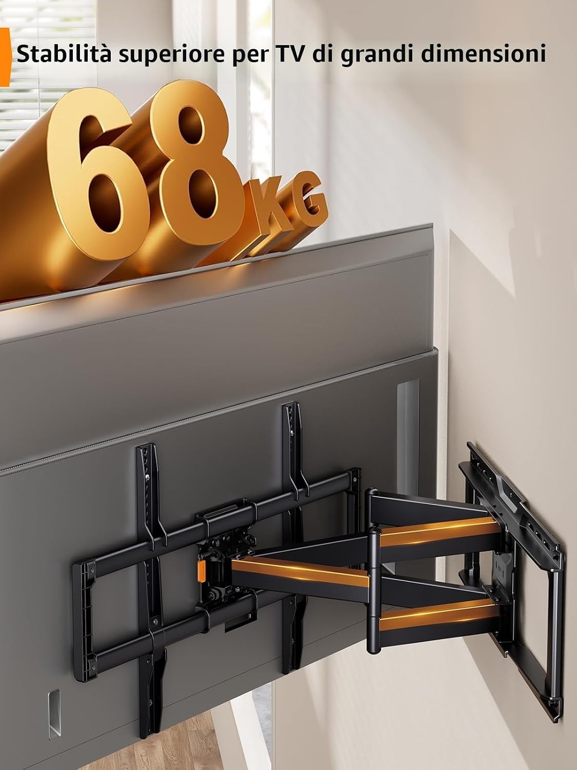Detalle de Perlegear supporto TV parete a movimento per TV da 42 a 90 pollici, fino a 68 kg – inclinazione, rotazione ed estensione senza attrezzi