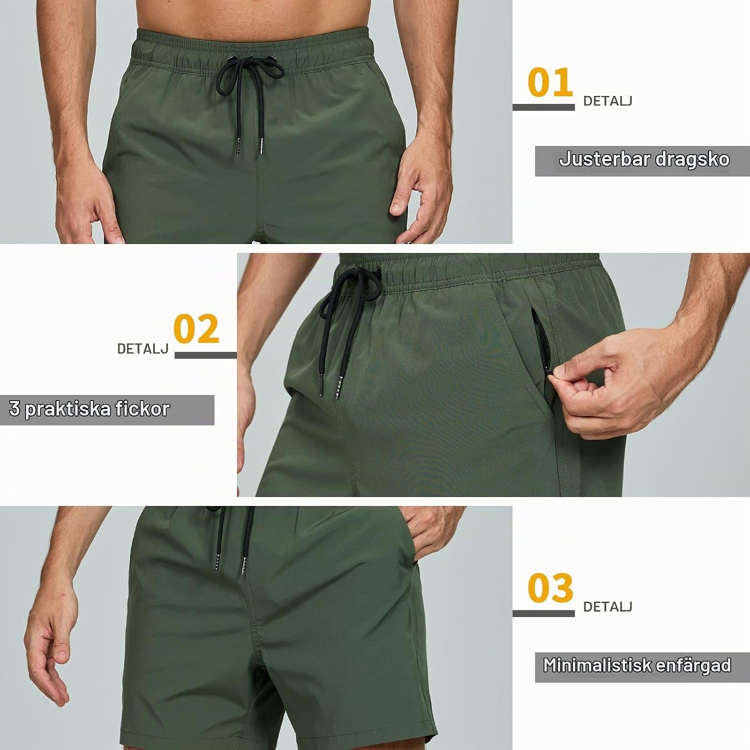 Detalle de Vorvowry badshorts för män, snabbtorkande med dragkedja och nätfoder