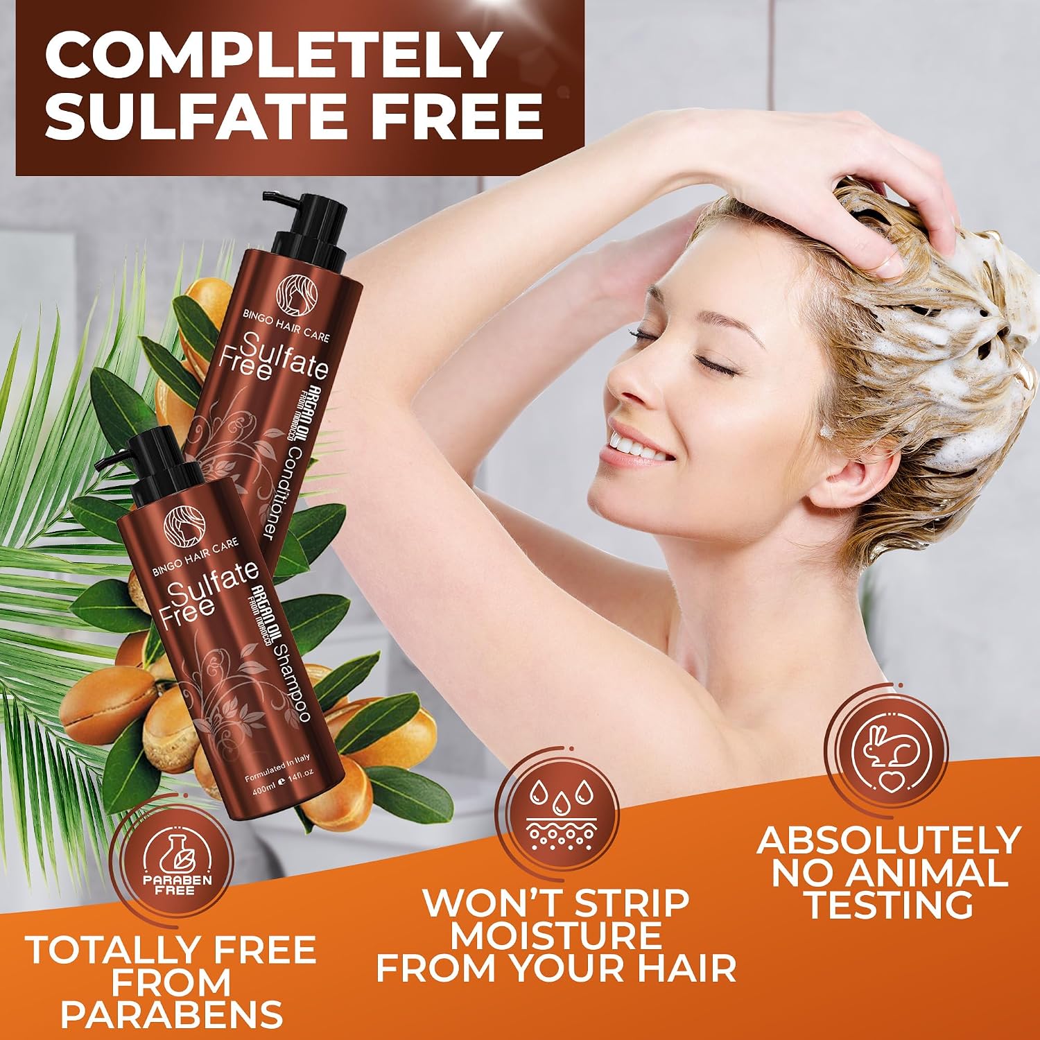Detalle de BINGO HAIR CARE Moroccan Argan Oil Shampoo and Conditioner Set, Sulfate-Free