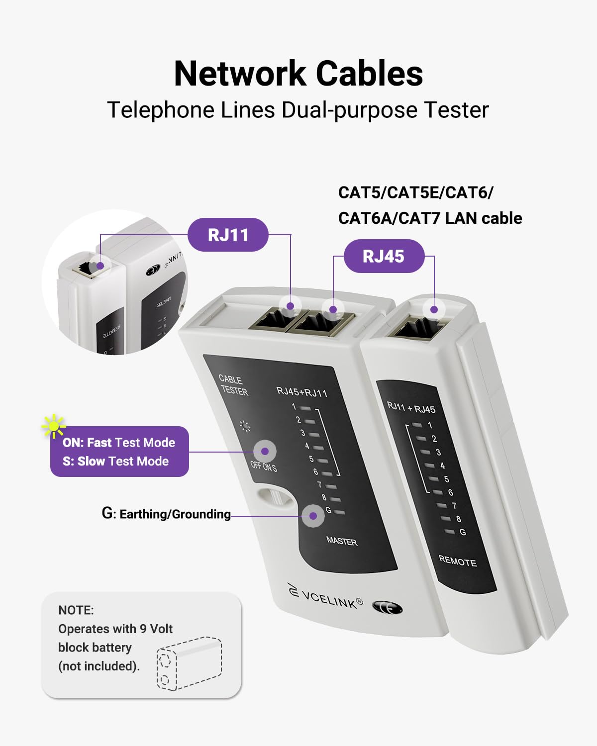 Detalle de VCELINK GJ468 Network Cable Tester – RJ45/RJ11 for Cat5–Cat7, practical tester for wiring you can trust