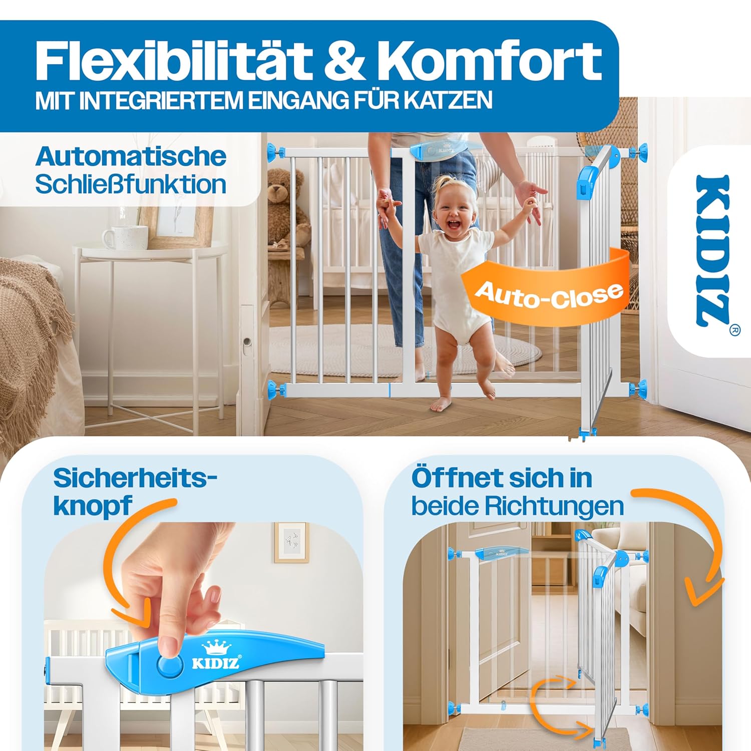 Thumbnail 3 de KIDIZ Treppenschutzgitter ohne Bohren – Verstellbare Breite 74–80 cm, 75 cm hoch, Türschutzgitter für Kinder und Hunde