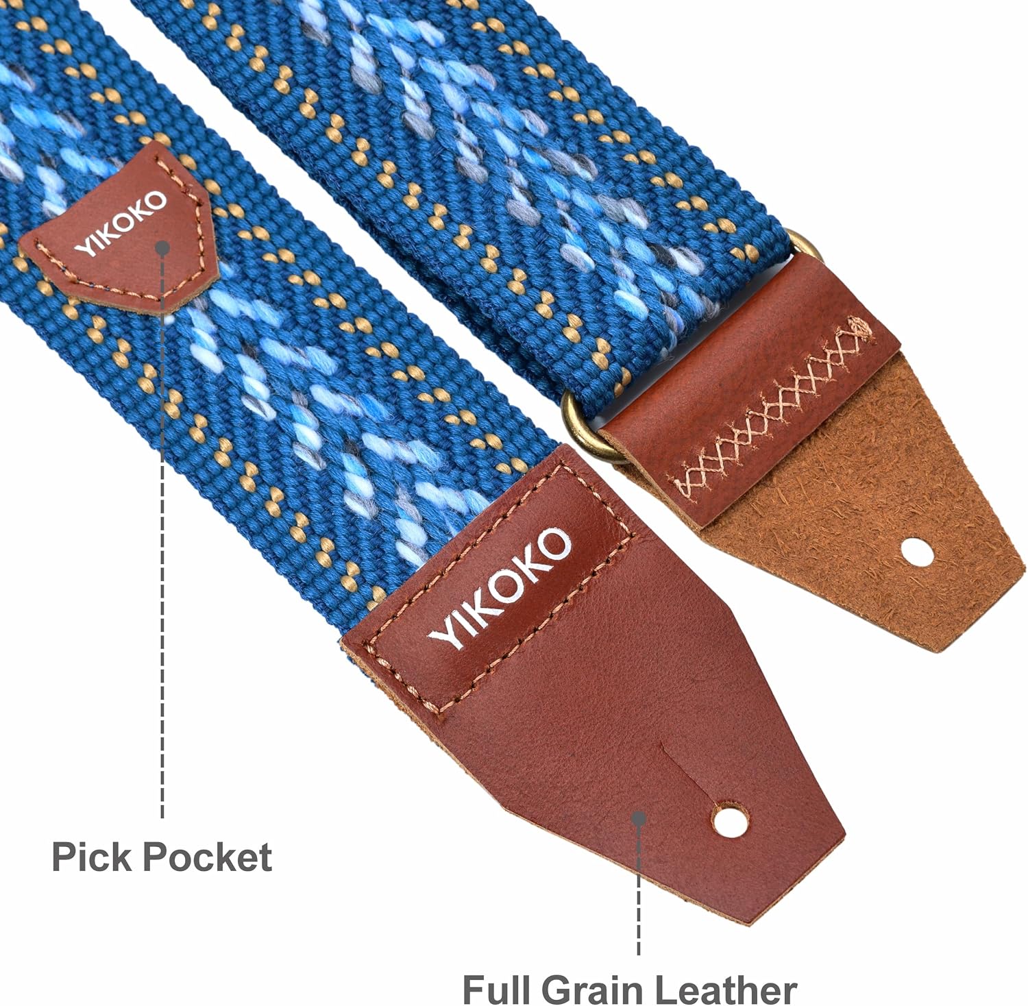 Detalle de YIKOKO Gitarrengurt 5,1 cm aus Baumwolle mit Vollnarbenlederenden – für Bass, E‑Gitarre und Akustik