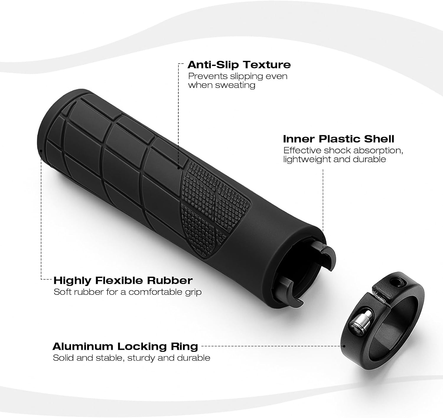 Detalle de Adiwo Paio di Manopole per Mountain Bike, Diametro 22 mm, Lunghezza 135 mm, in Alluminio con Chiusura Antiscivolo – Nero