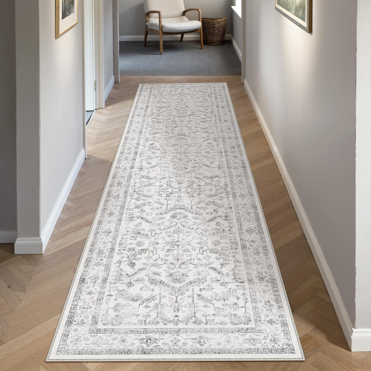 PureCozy Vintage Grauer Teppich Flur Läufer 60x240 cm – waschbarer Kurzflor mit rutschfester TPR-Gummiunterlage