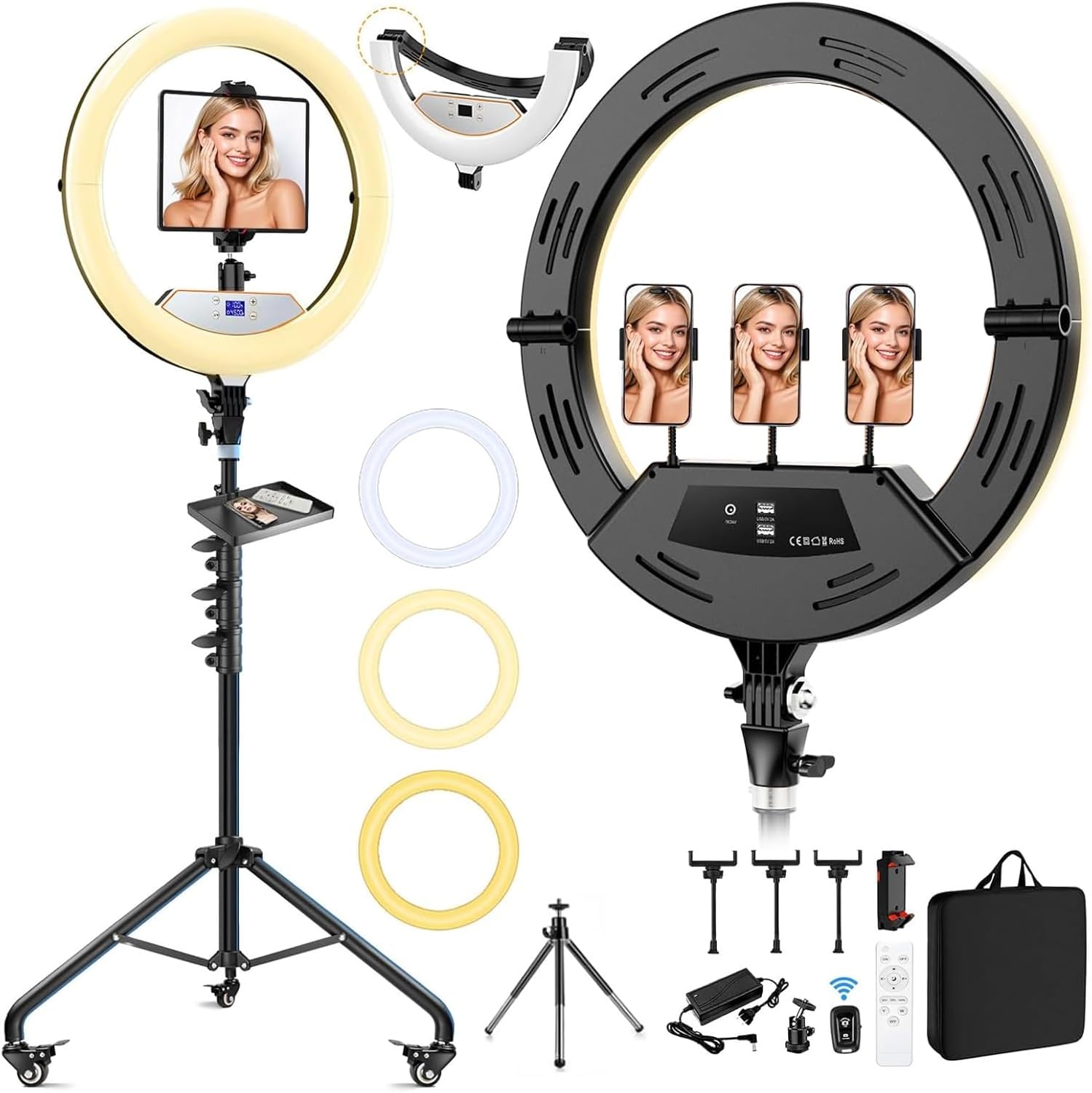 Thumbnail 6 de Auriani 22-Inch Foldable Ring Light with Stand, 75-Inch Tripod, Lockable Wheels, and LED Display