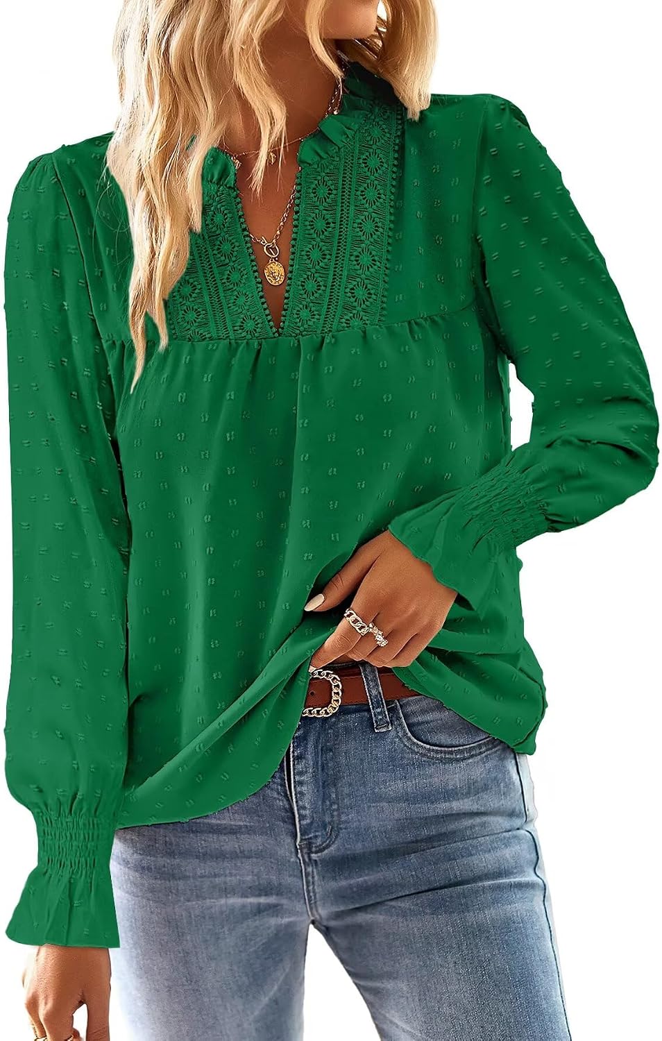 Thumbnail 5 de TUUHAW Blouse femme bohème à col en V avec dentelle et manches longues