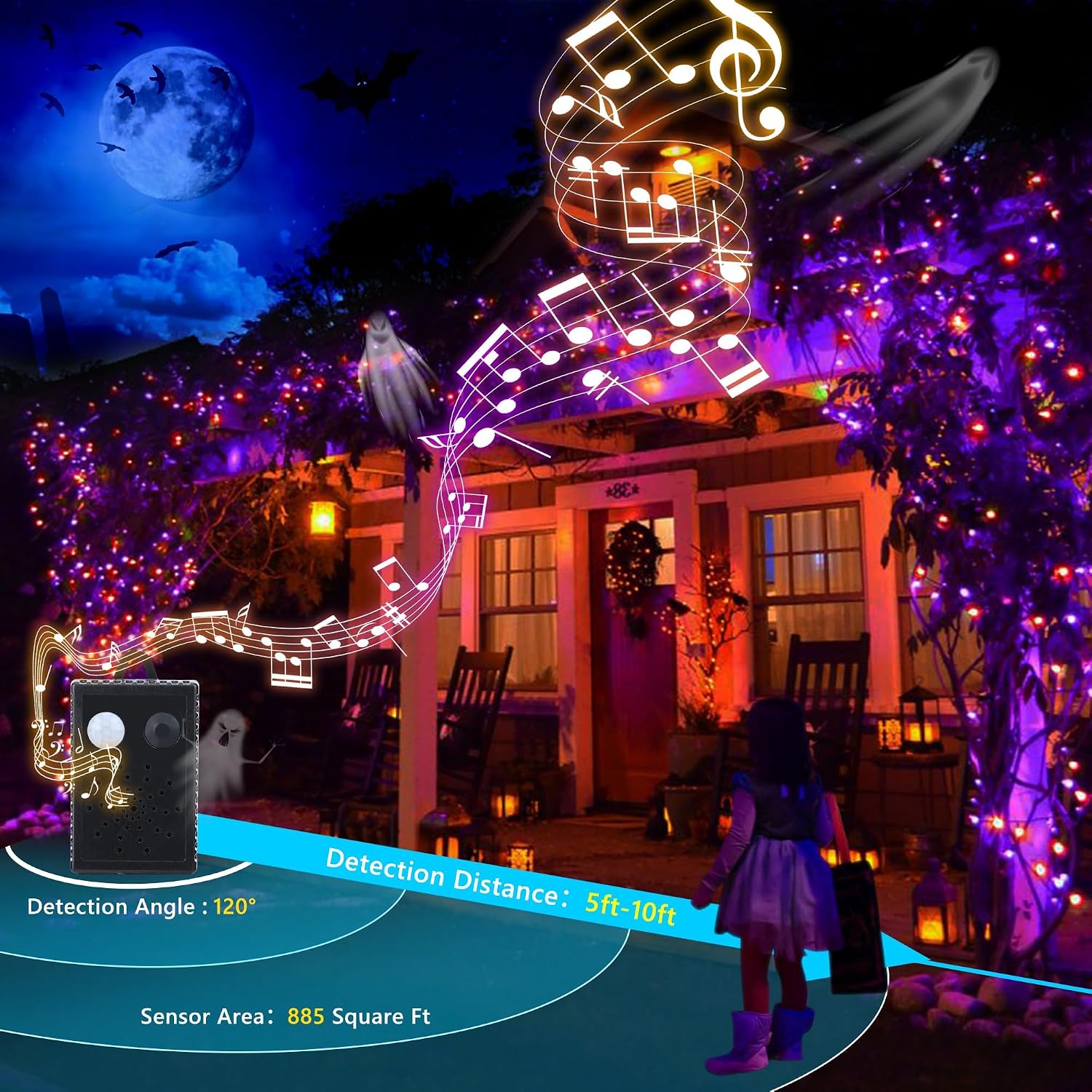 Detalle de NEXVIN Halloween Decorations Lights Outdoor – 20M 200 LED with Spooky Music and Motion Sensor
