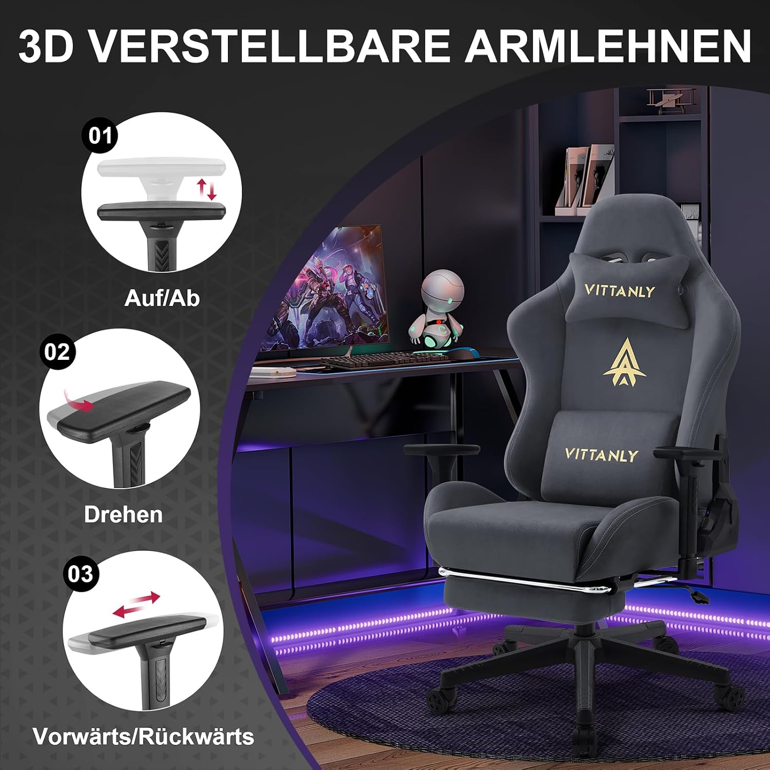 Detalle 2 de Vittanly Gaming Stuhl 90–155° 💺