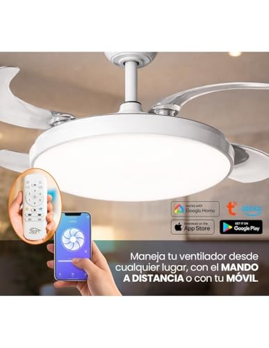 Detalle 2 de JARDIN202 Zahara Wifi Blanco: Ventilador de Techo con Aspas Retráctiles, Luz LED Regulable y Control Remoto