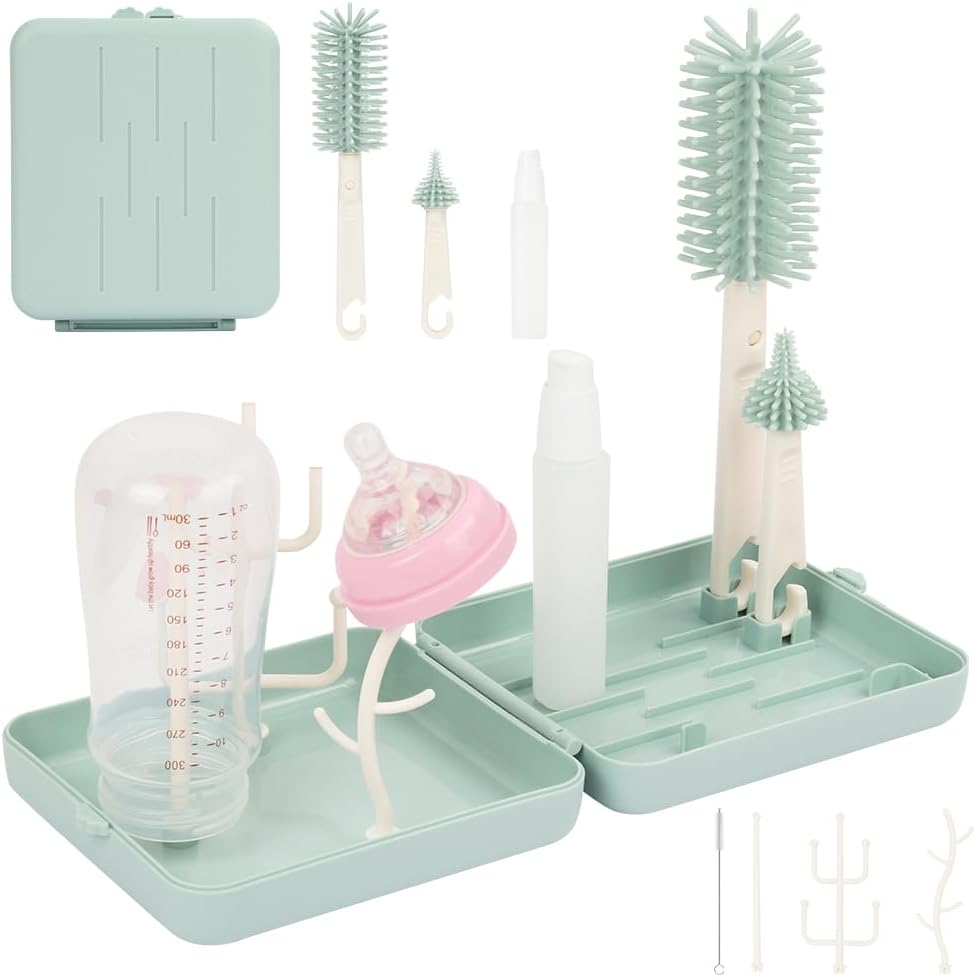 Detalle de Vicloon 6 in 1 Spazzole per biberon: set da viaggio con spazzola in silicone, dispenser di sapone e stendibiancheria