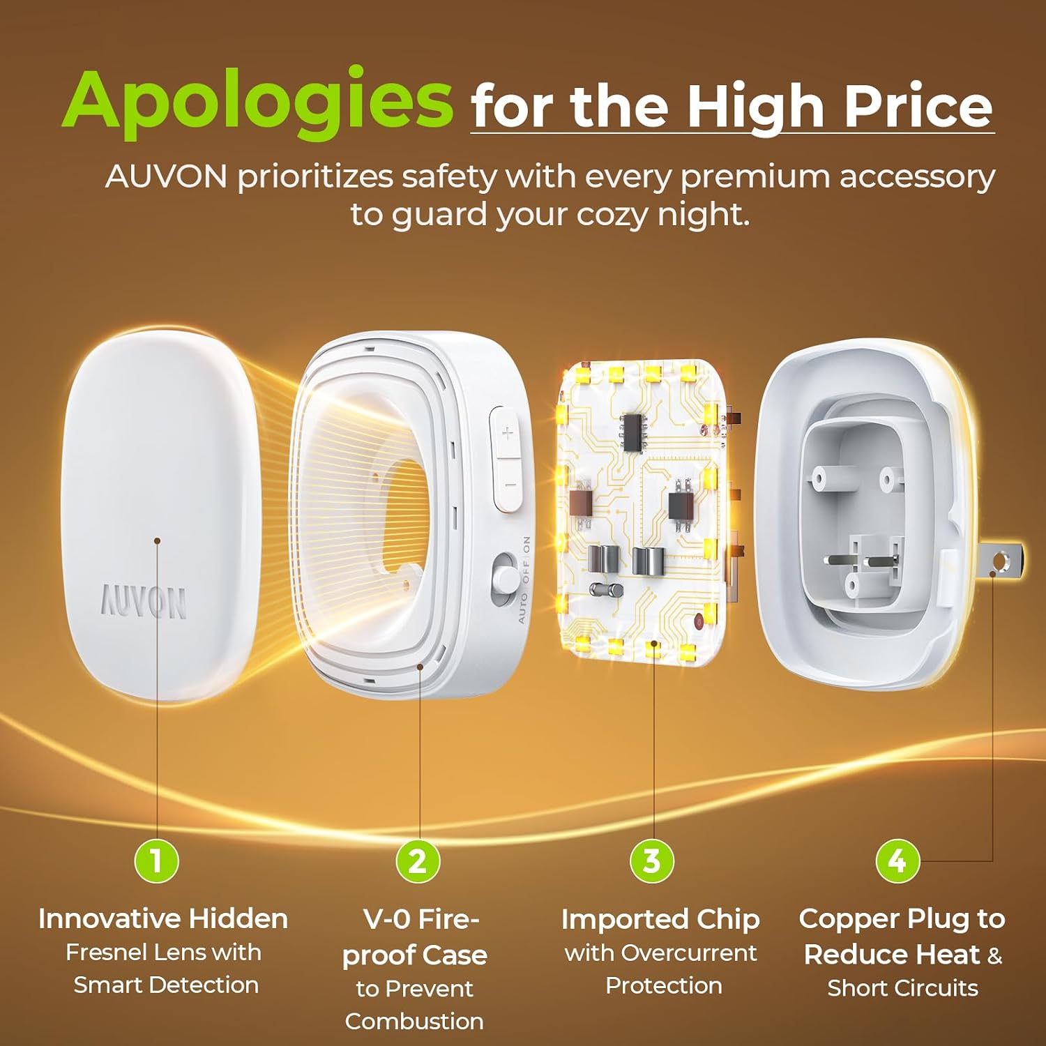 Detalle 2 de AUVON N001A Plug-In LED Backlit Night Lights, 4-Pack, Dimmable with Dual Sensors