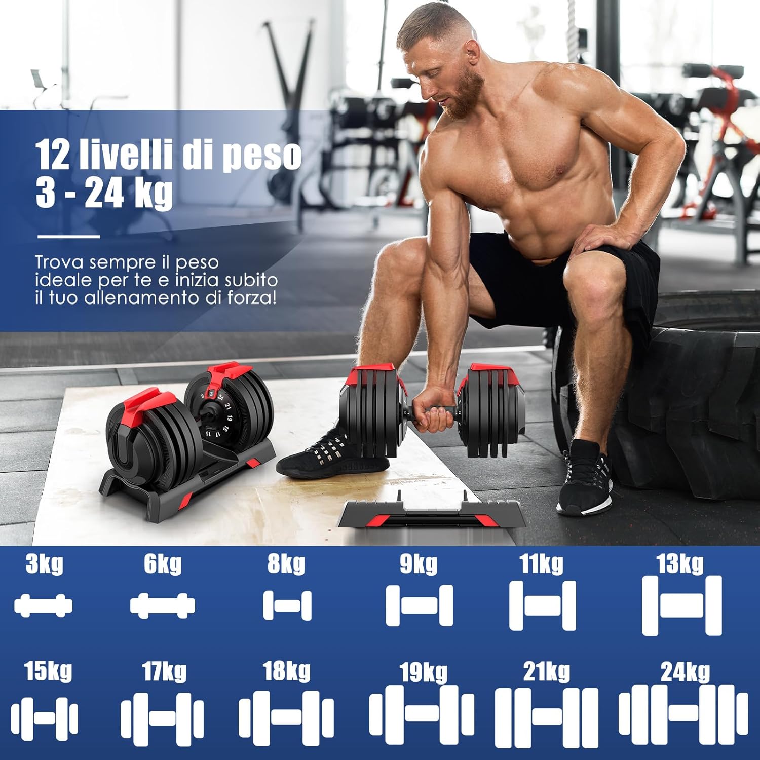 Thumbnail 2 de DH FitLife Manubri Regolabili 24 kg con regolazione rapida e 12 livelli (set con impugnatura antiscivolo)