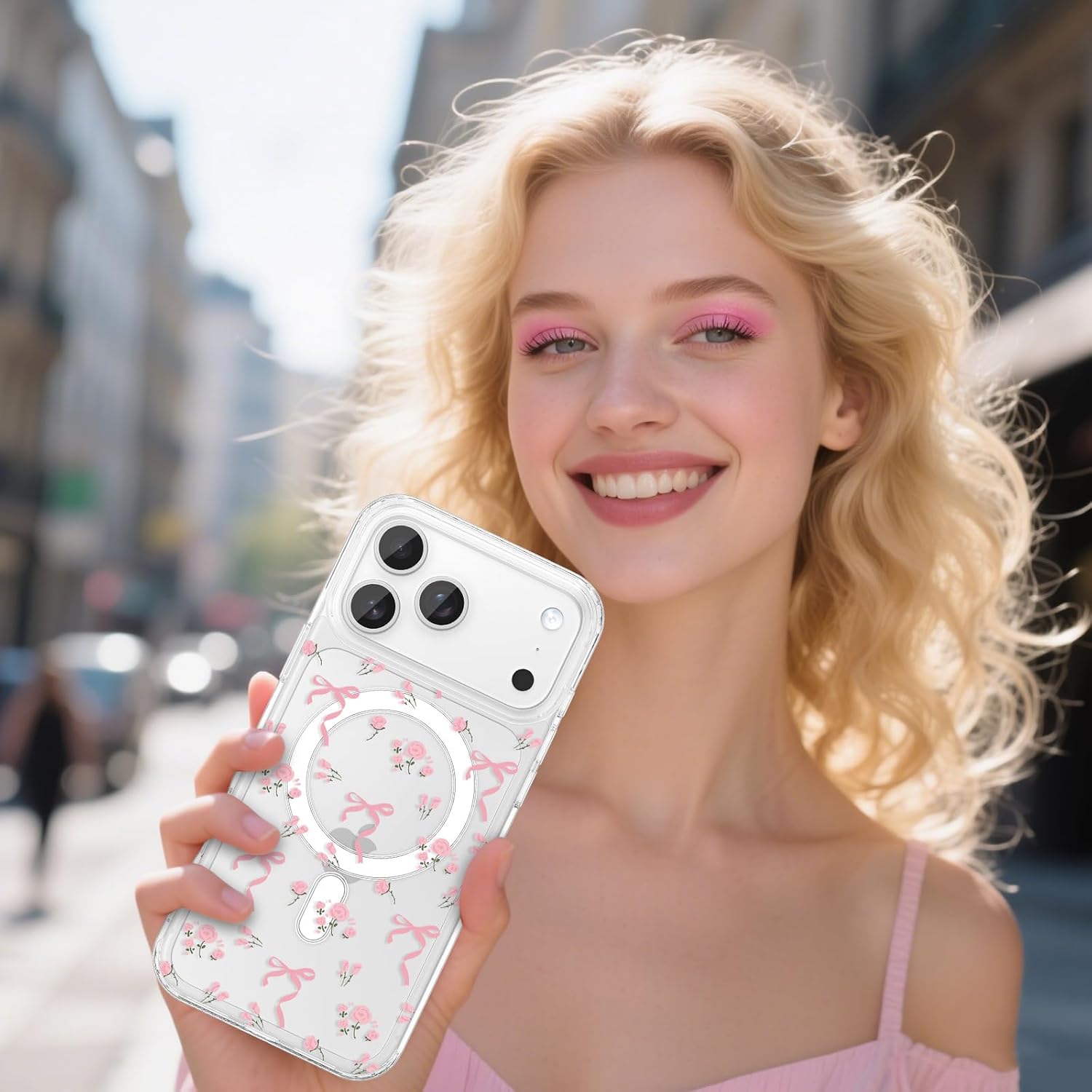 Detalle de ZTOFERA magnetische Handyhülle für iPhone 17 Pro Max (6,9 Zoll) – transparentes TPU mit Schleifen- & Blumenmuster, rosa Blume