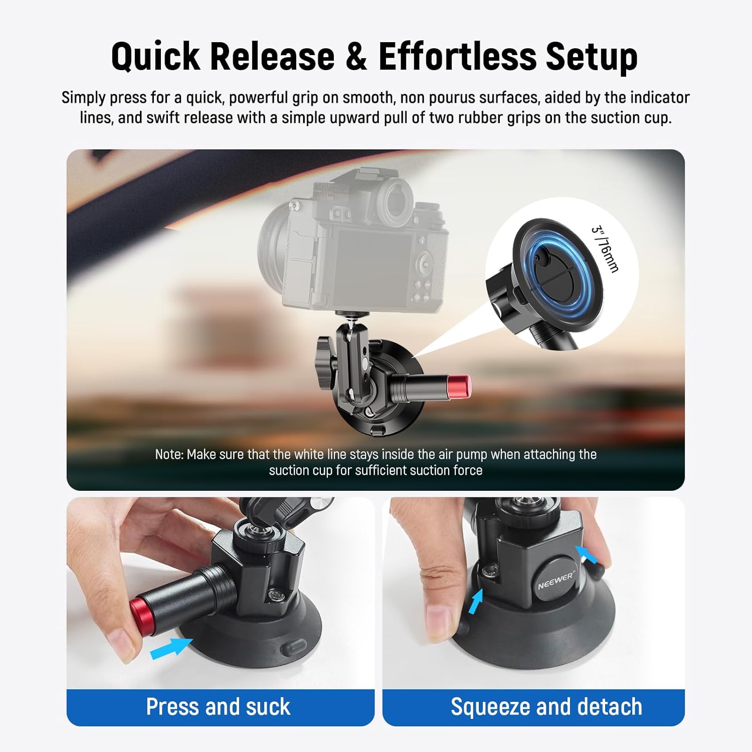 Thumbnail 3 de NEEWER 3" Suction Cup Camera Mount Bracket with Ball Head Magic Arm (1/4" ARRI holes) – CA104