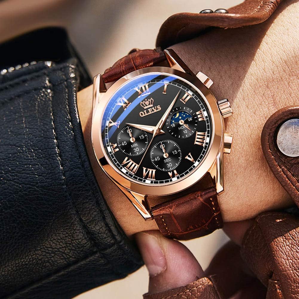 Detalle 2 de OLEVS Men Moon Phase Leather Strap Analog Quartz Watch (3ATM) with Calendar, Luminous Hands