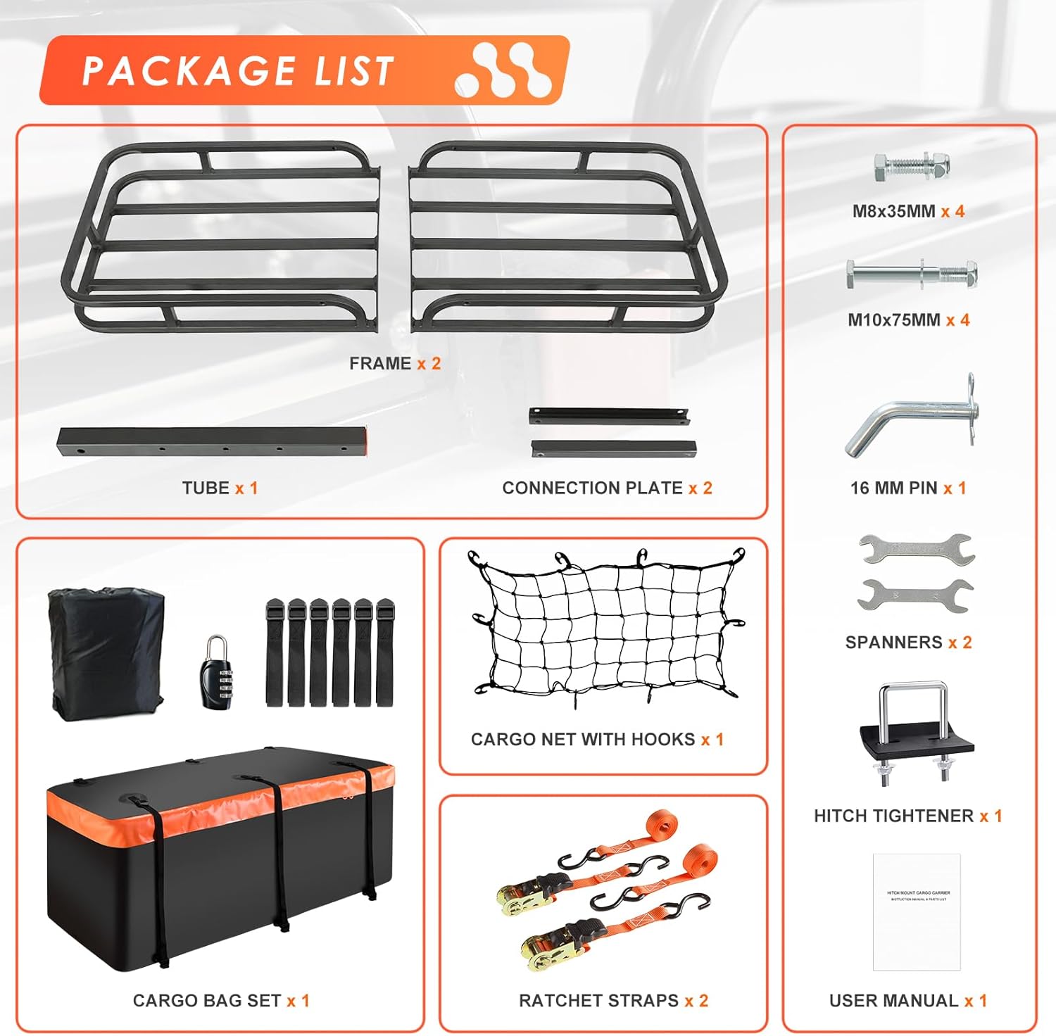 Thumbnail 6 de MeeFar Hitch Mount Cargo Carrier Basket with Waterproof Bag, Cargo Net, Straps & Hitch Stabilizer (2" Receiver, 500 Lbs Capacity)