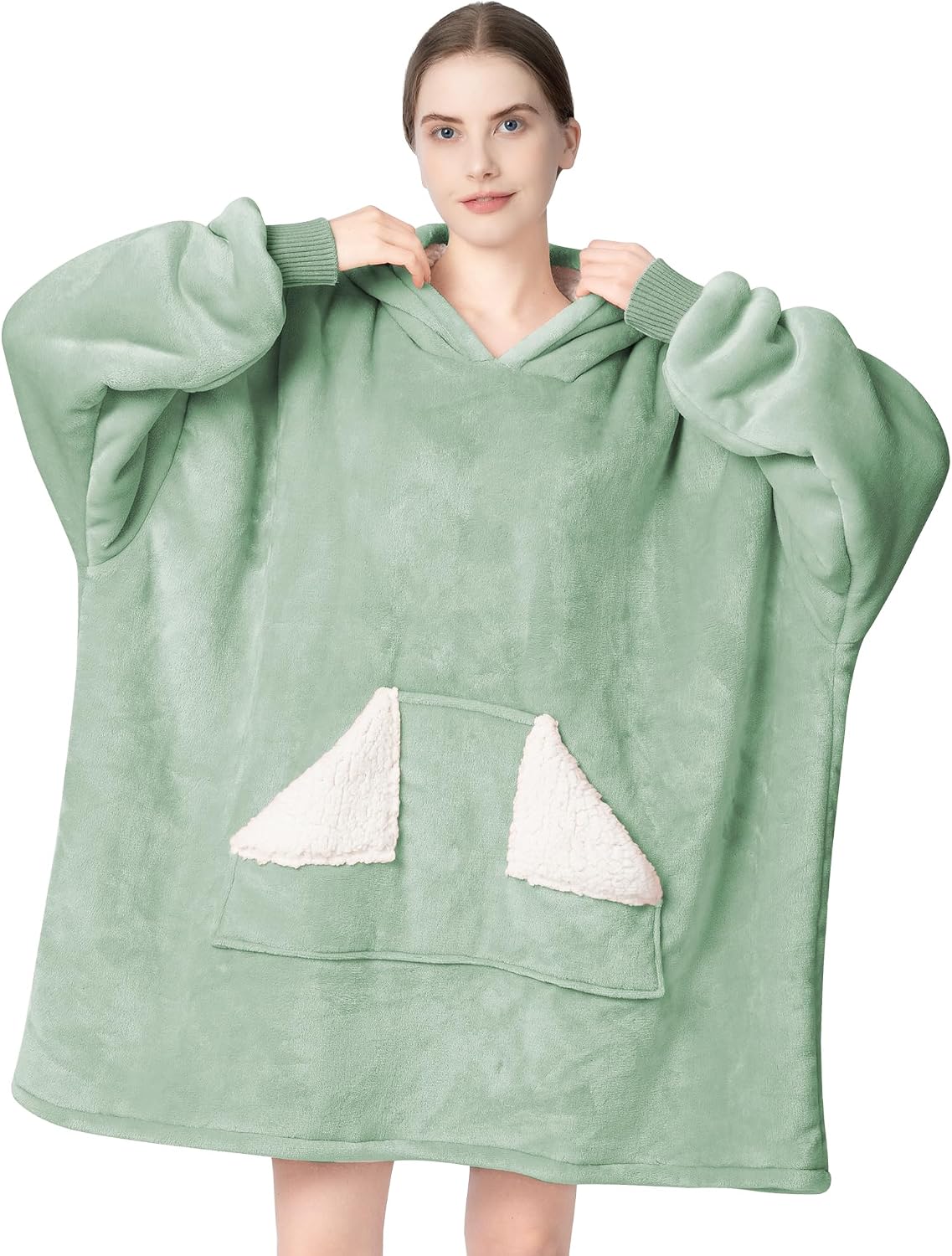 Detalle 2 de Touchat Wearable Blanket Hoodie, Green Sherpa with Hood, Pocket and Sleeves