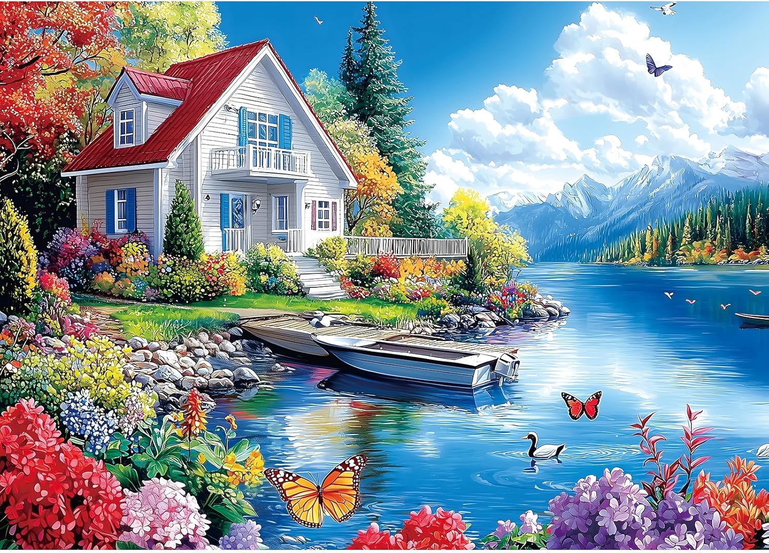 Detalle de PuzzOne 1000-Piece Jigsaw Puzzle: Lakeside Cottage Mountain Scene for Adults