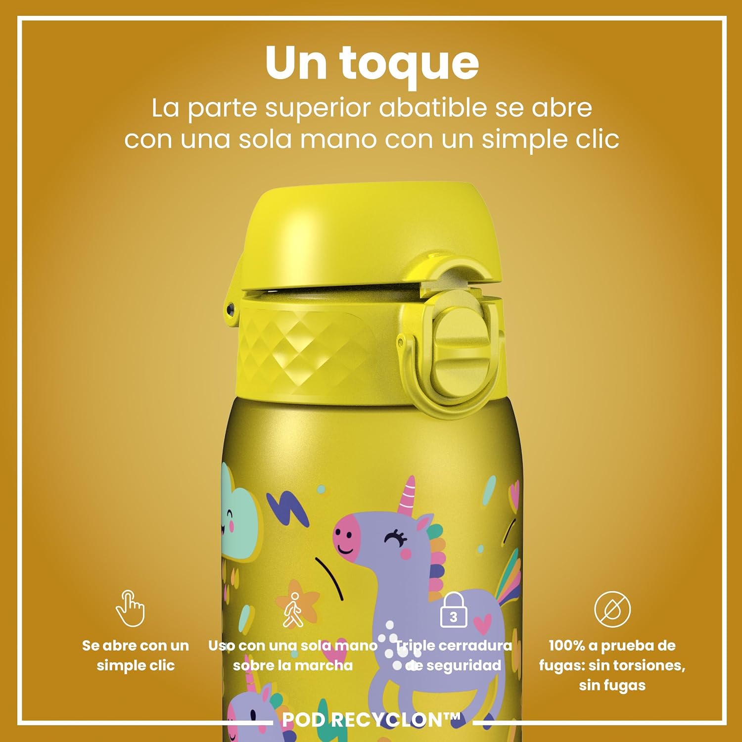 Thumbnail 2 de ion8 Botella de Agua para Niños 350ml Antigoteo Unicornios Amarillo 🦄