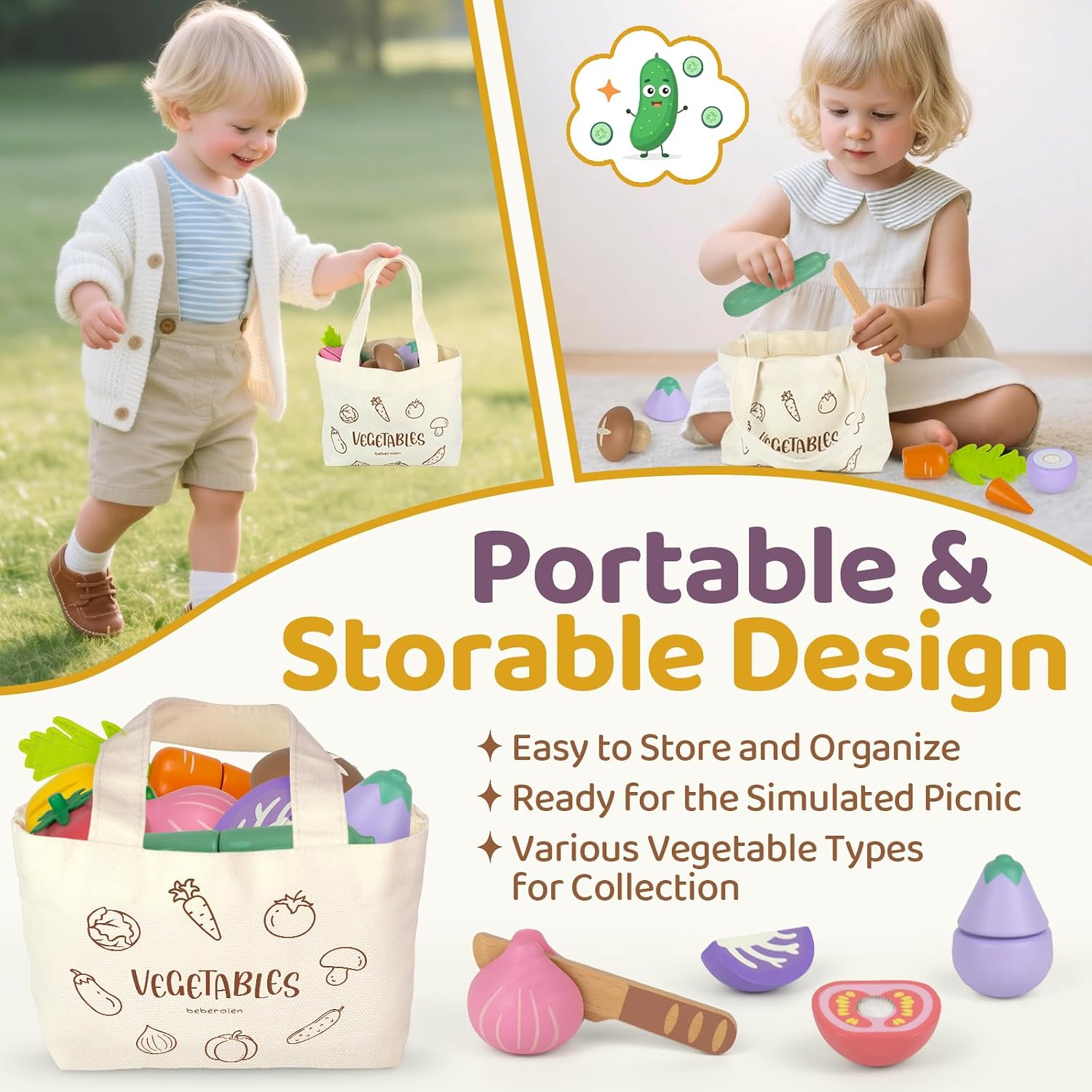 Detalle 2 de Beberolen Kinderküche Zubehör aus Holz – Obst & Gemüse Set mit Tragetasche