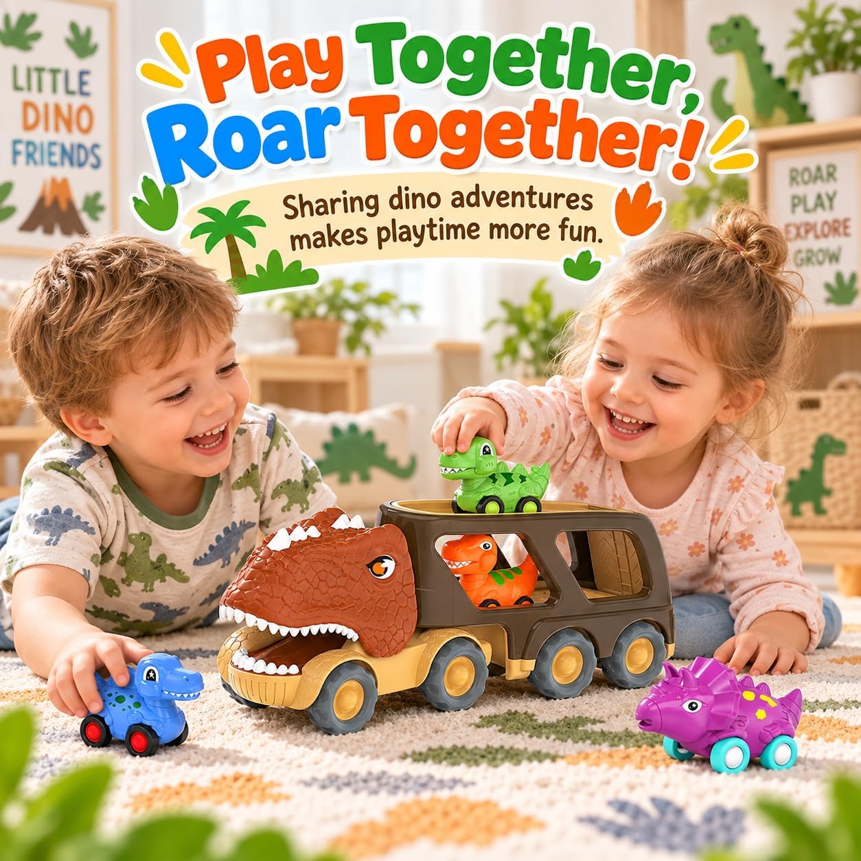 Detalle 2 de Veslier 559A8 Dinosaur Truck Toy with 4 Pull-Back Cars, Lights and Sound