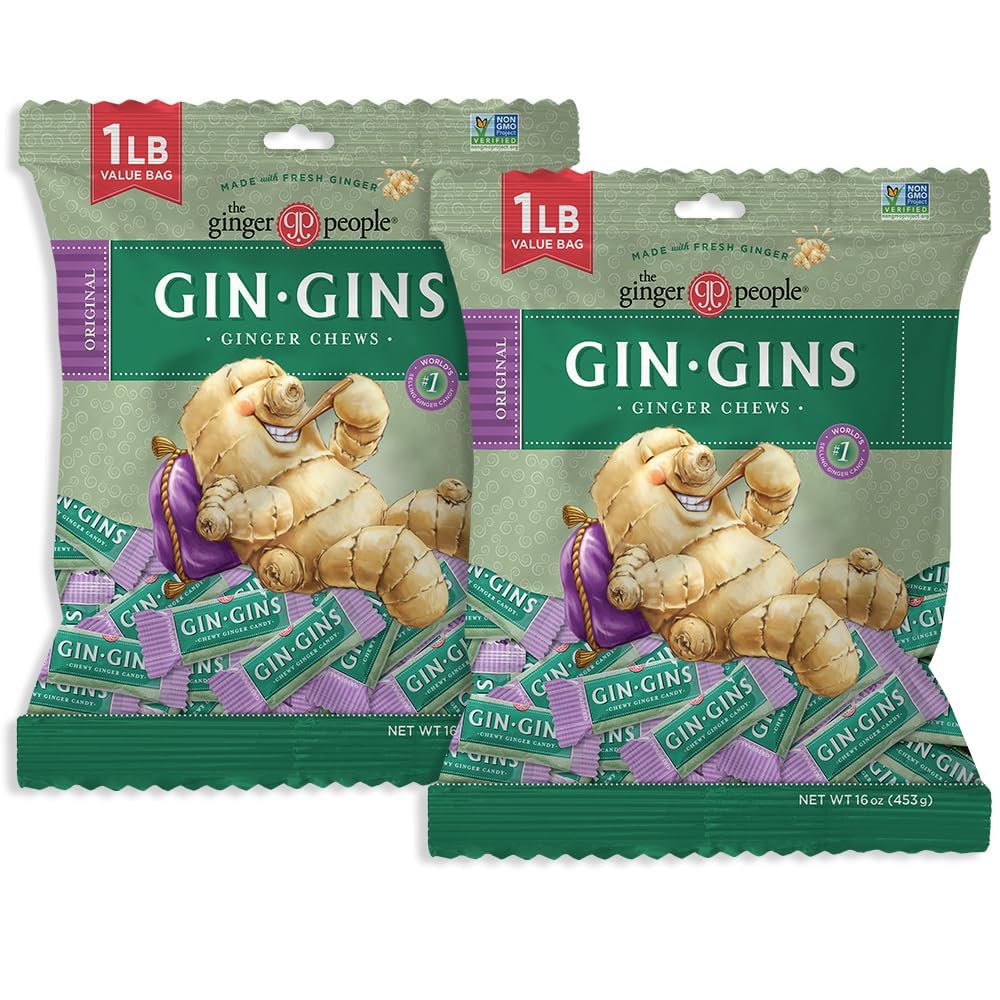 Detalle de GIN GINS Original Ginger Chews, 10% Fresh Ginger, 1 lb, 2-Pack
