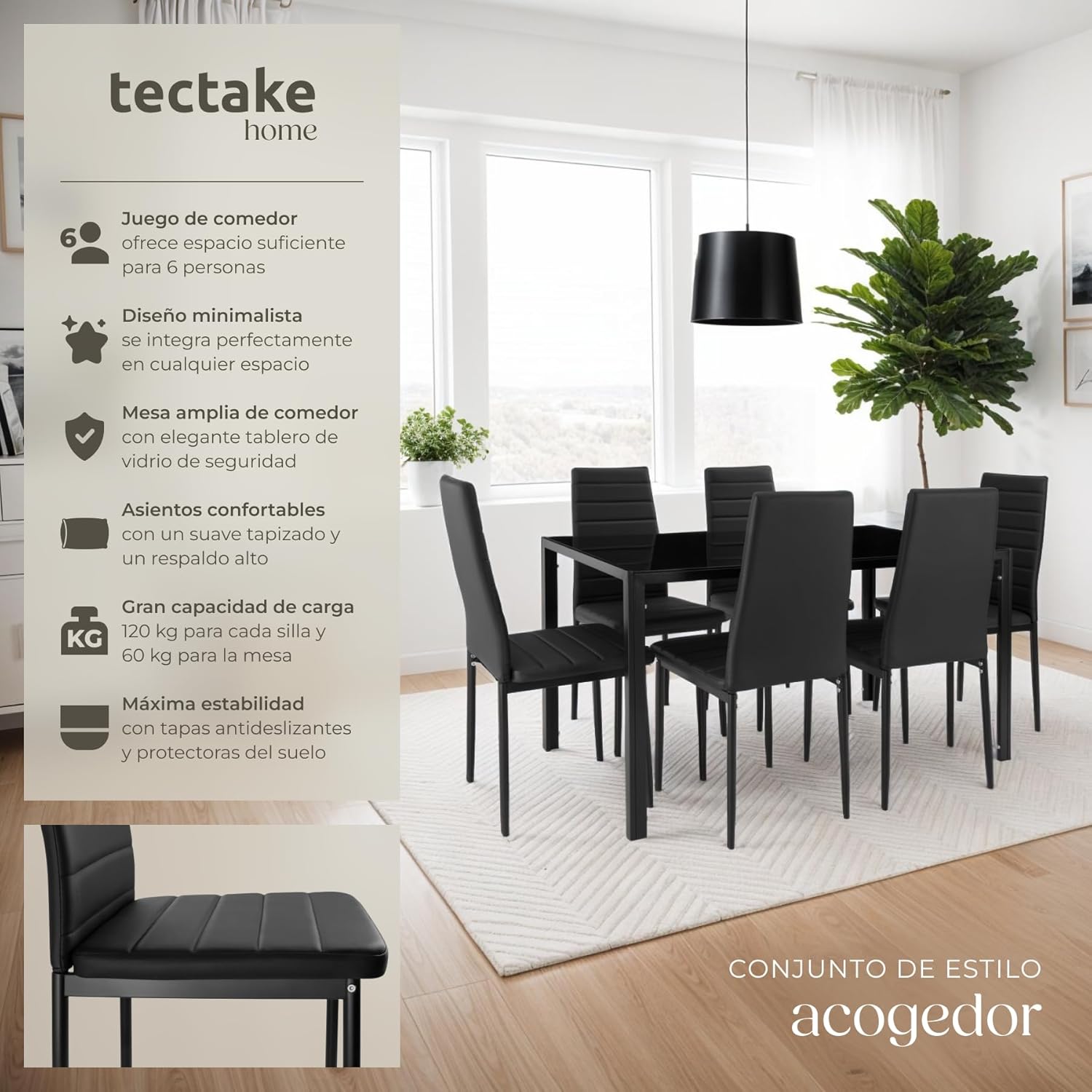 Detalle 2 de tectake® Conjunto mesa y 6 sillas vidrio negro