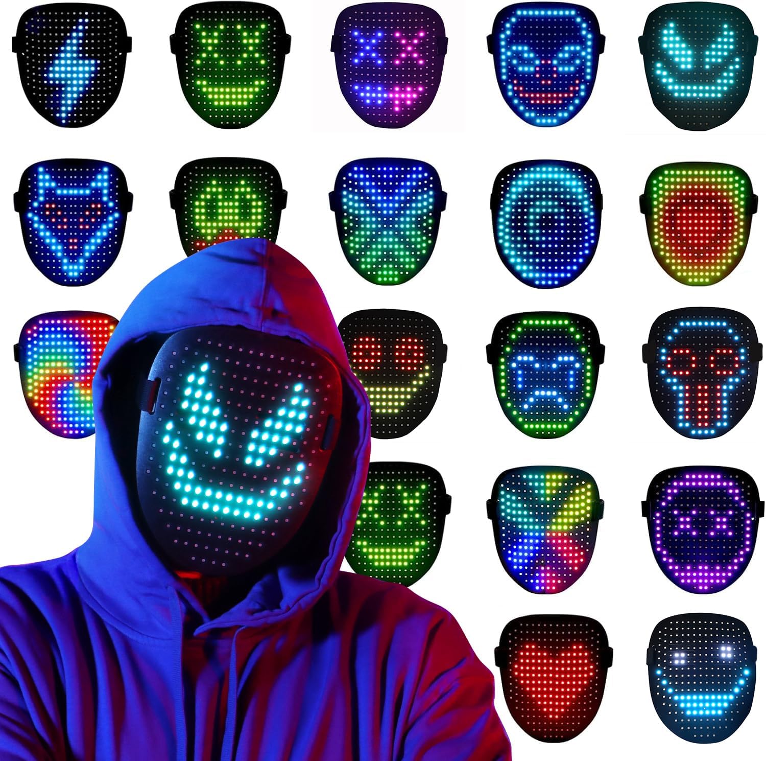 Detalle de QAQ LED Light-Up Mask with 50 Patterns, Gesture Controls and Rechargeable Battery