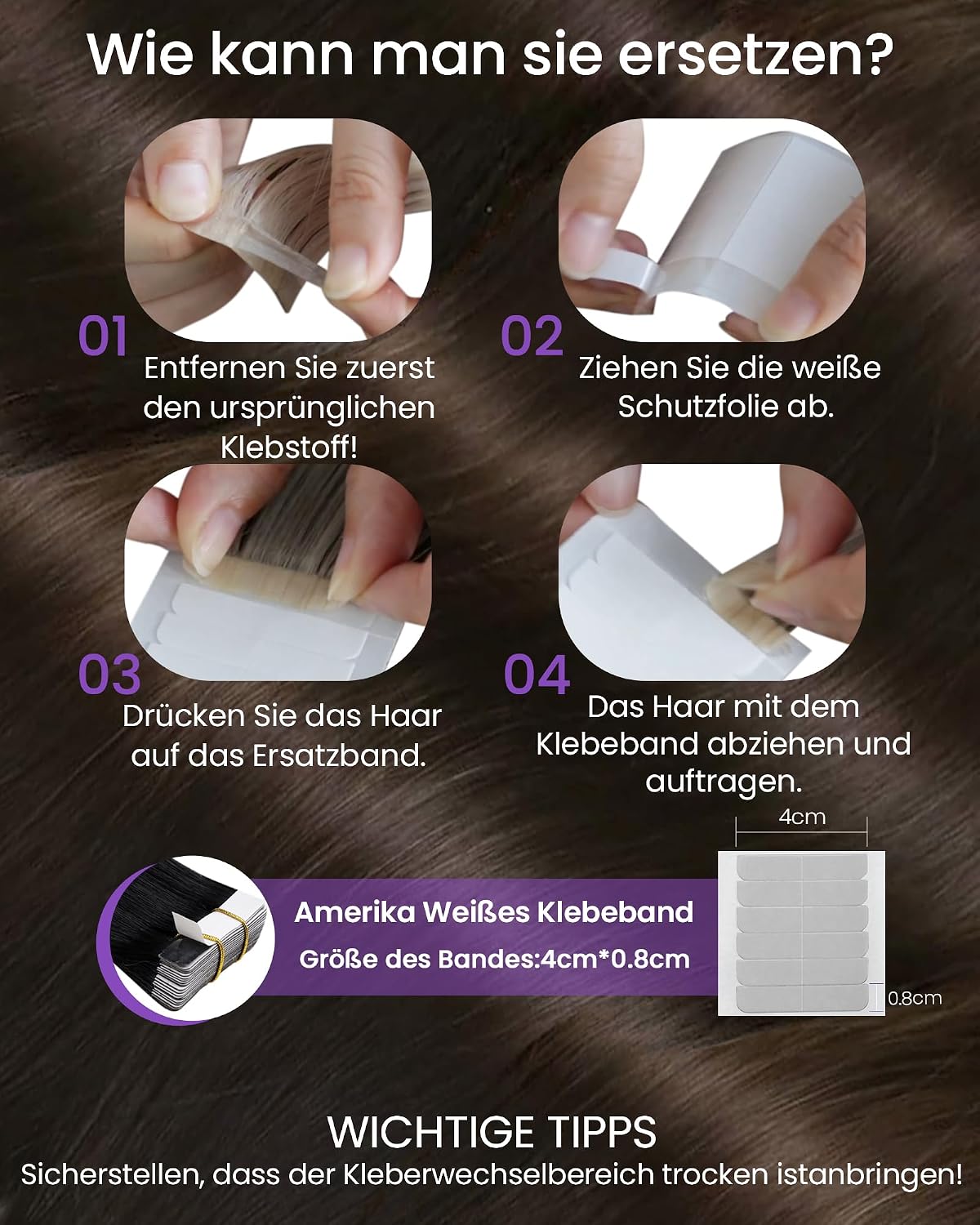 Detalle de LaaVoo Echthaar Tape-in Extensions Dunkelbraun – 20 Strähnen, 30 cm