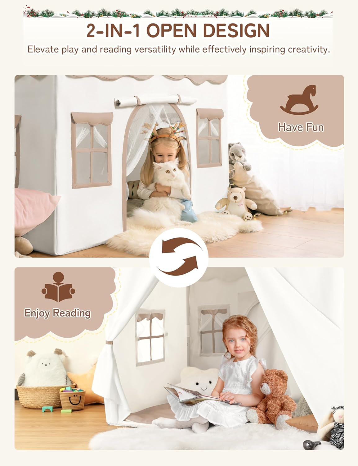 Thumbnail 1 de Besrey 2-in-1 Kids Play House Tent (Princess style) with lights, pad and 2 doors – indoor toddler tent