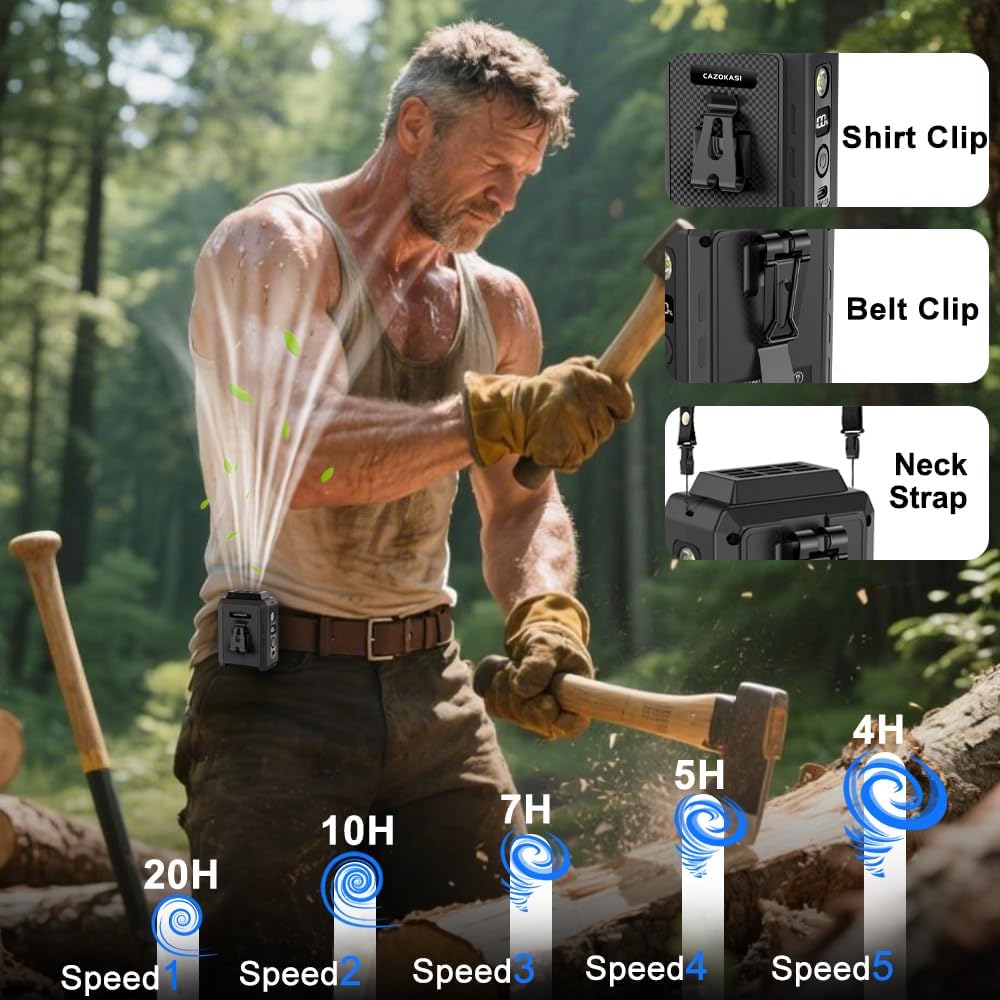 Thumbnail 3 de CAZOKASI Wearable Waist Clip Fan with Lighting Desktop Stand – 16000rpm, up to 20h Runtime (5000mAh, Black)