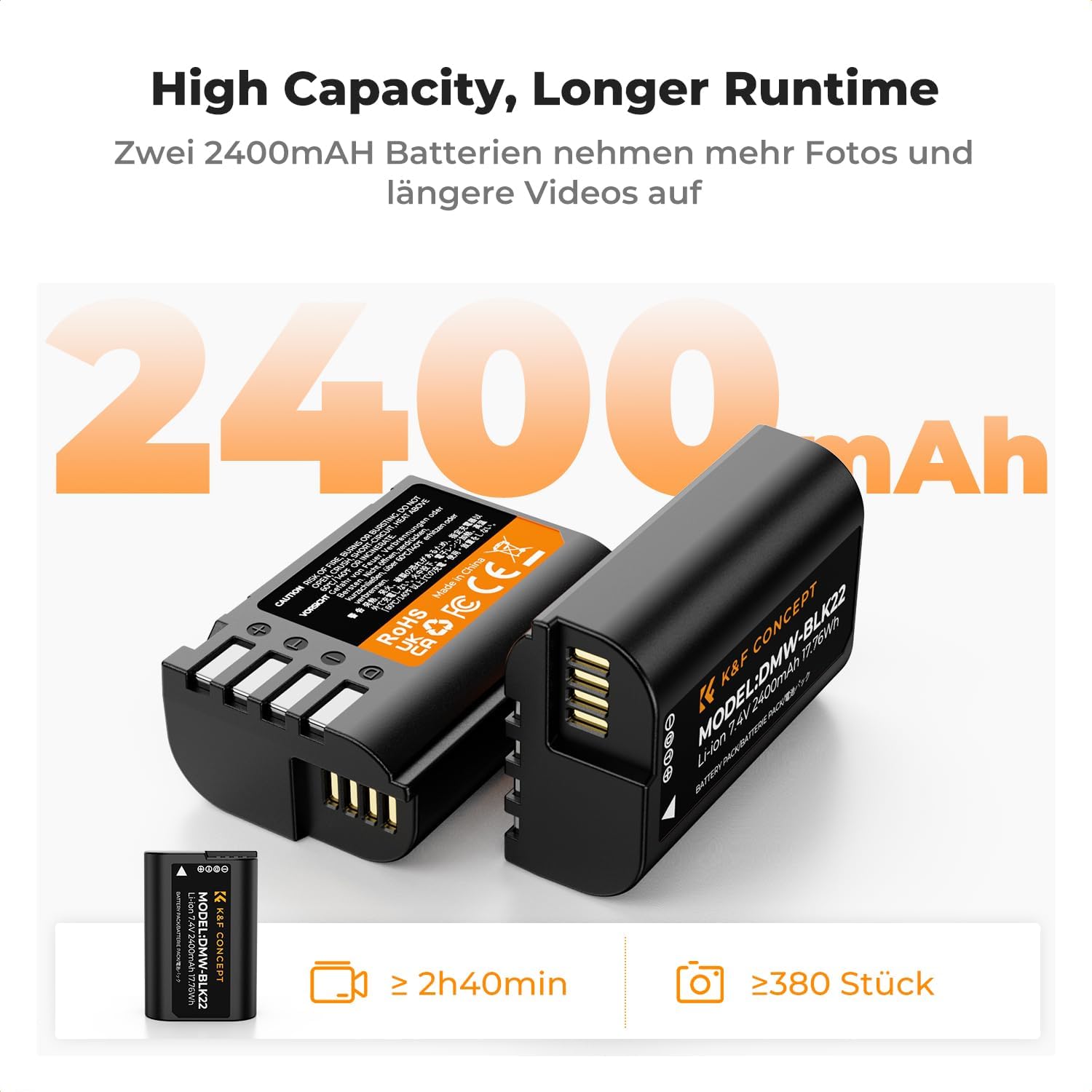 Detalle 2 de K&F CONCEPT DMW-BLK22 Akku 2er-Pack (2400 mAh) + LCD Dual-Slot-Ladegerät für Panasonic Lumix