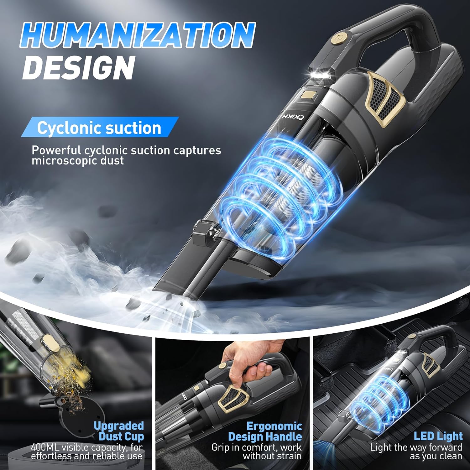 Detalle 1 de CKIKH Cordless Handheld Vacuum, 15,000 Pa Suction, HEPA Filter and LED Light